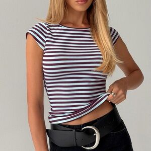 Princess Polly Striped Short Sleeve Top - Blue and Burgundy